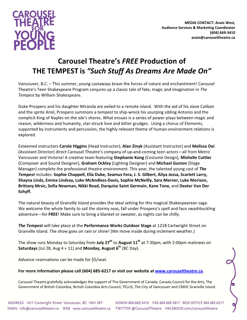 Carousel Theatre's FREE Production of the TEMPEST Is “Such Stuff As