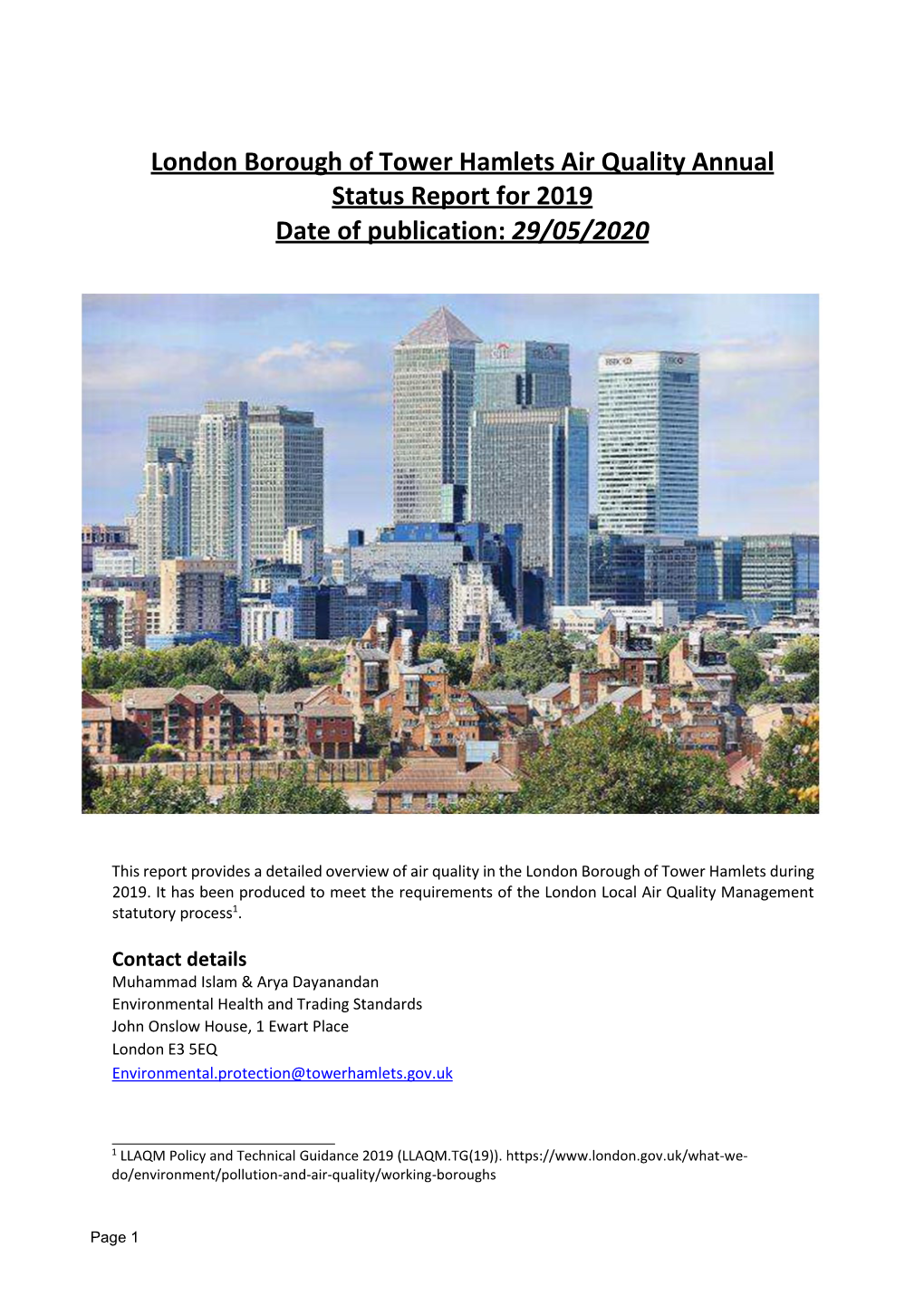 The London Borough of Tower Hamlets Air Quality Annual Status Report for 2019
