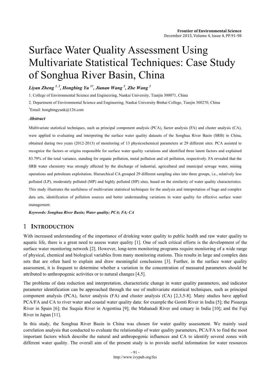 Surface Water Quality Assessment Using Multivariate Statistical Techniques: Case Study of Songhua River Basin, China
