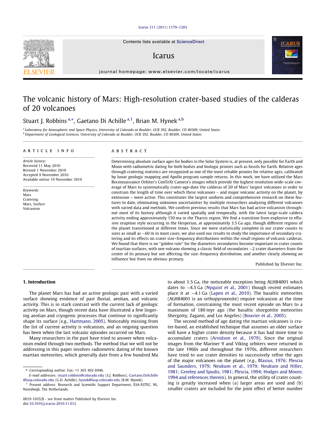 The Volcanic History of Mars: High-Resolution Crater-Based Studies of the Calderas of 20 Volcanoes ⇑ Stuart J