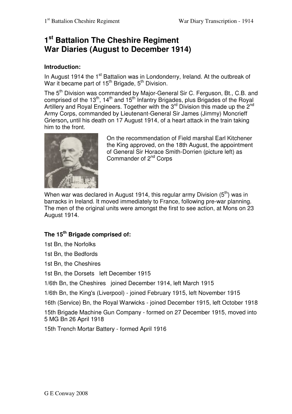 1St Battalion the Cheshire Regiment War Diaries (August to December 1914)
