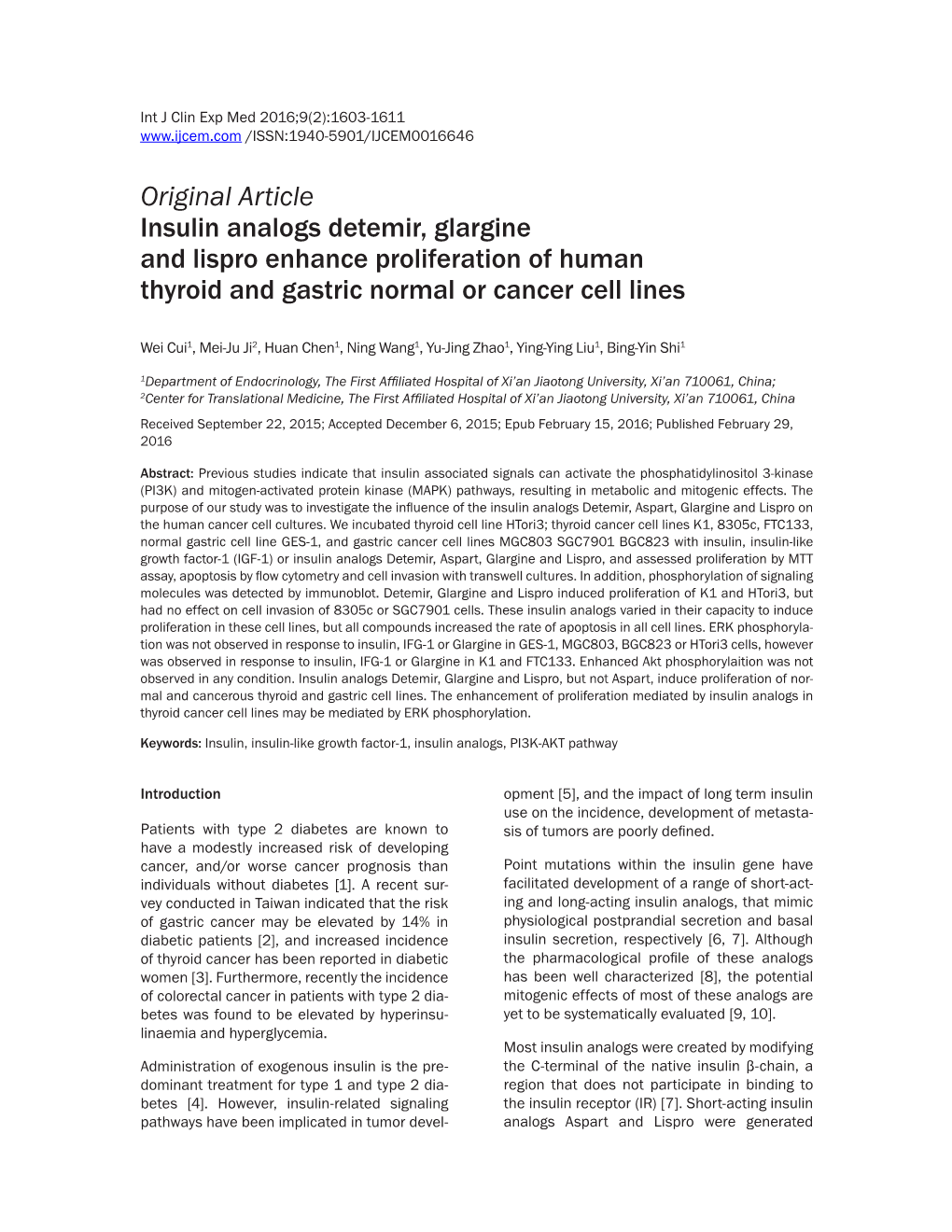 Original Article Insulin Analogs Detemir, Glargine and Lispro Enhance Proliferation of Human Thyroid and Gastric Normal Or Cancer Cell Lines