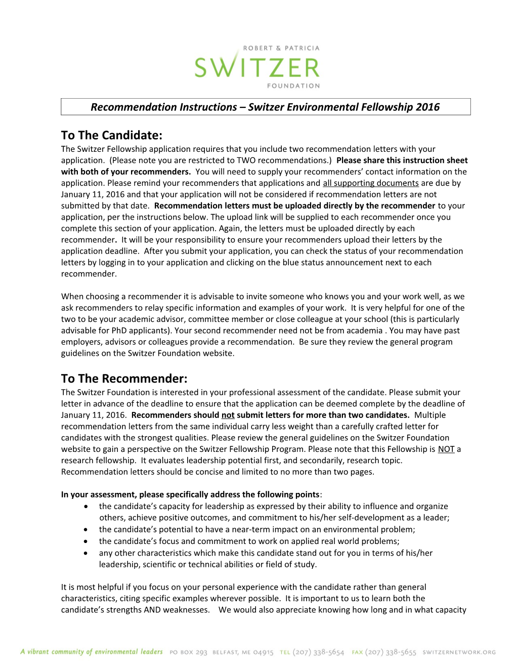 Recommendation Instructions Switzer Environmental Fellowship 2016