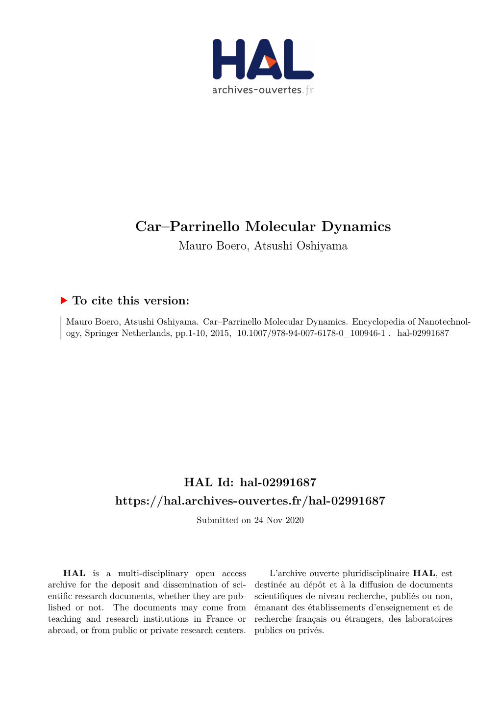 Car–Parrinello Molecular Dynamics Mauro Boero, Atsushi Oshiyama