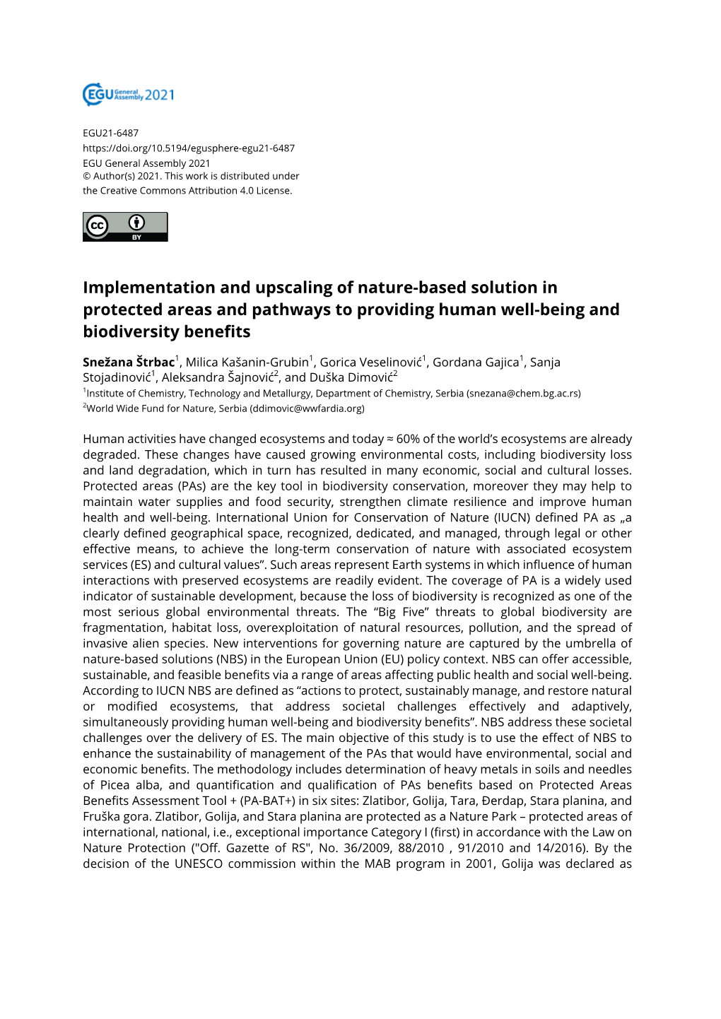 Implementation and Upscaling of Nature-Based Solution in Protected Areas and Pathways to Providing Human Well-Being and Biodiversity Benefits
