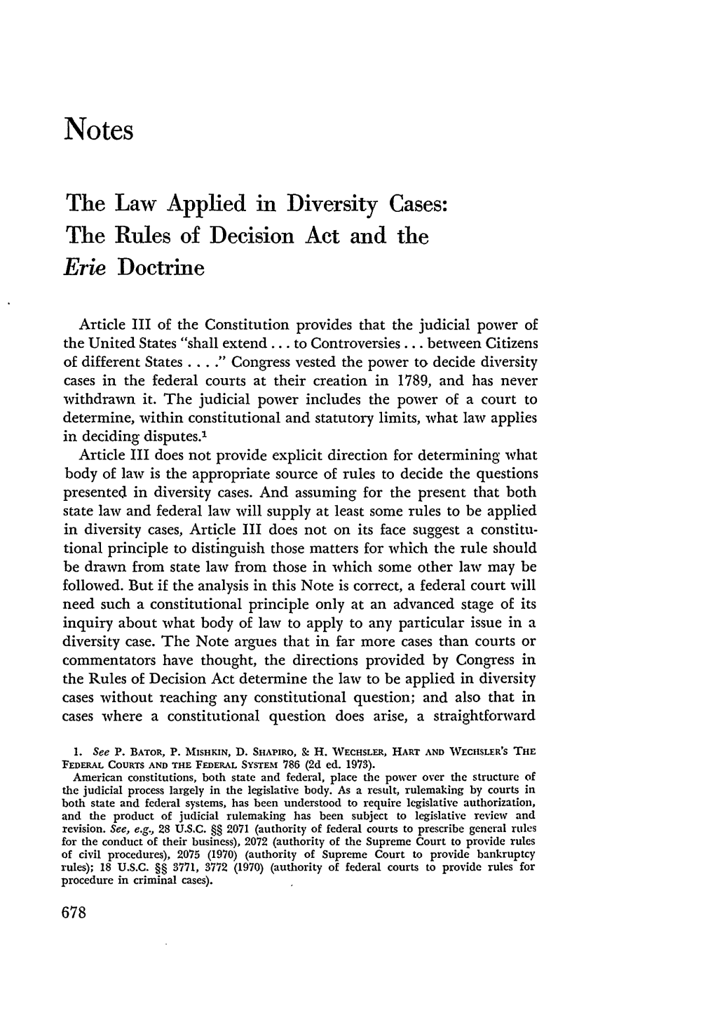 The Law Applied in Diversity Cases: the Rules of Decision Act and the Erie Doctrine