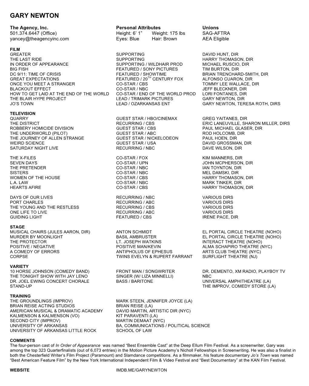 Gary Newton Acting Resume Agency