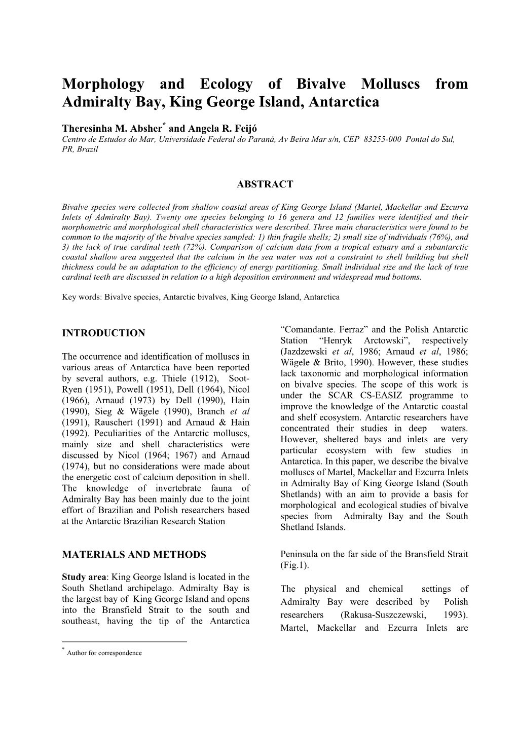 Morphology and Ecology of Bivalve Molluscs from Admiralty Bay, King George Island, Antarctica