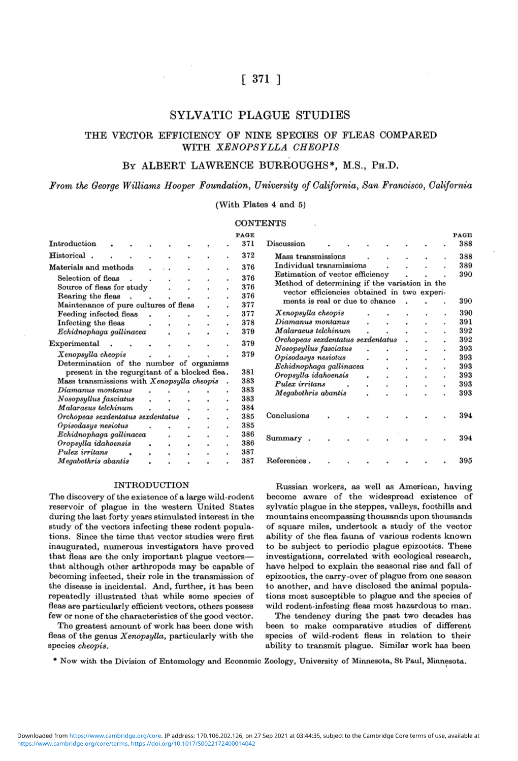 Sylvatic Plague Studies. the Vector Efficiency of Nine Species of Fleas Compared with Xenopsylla Cheopis