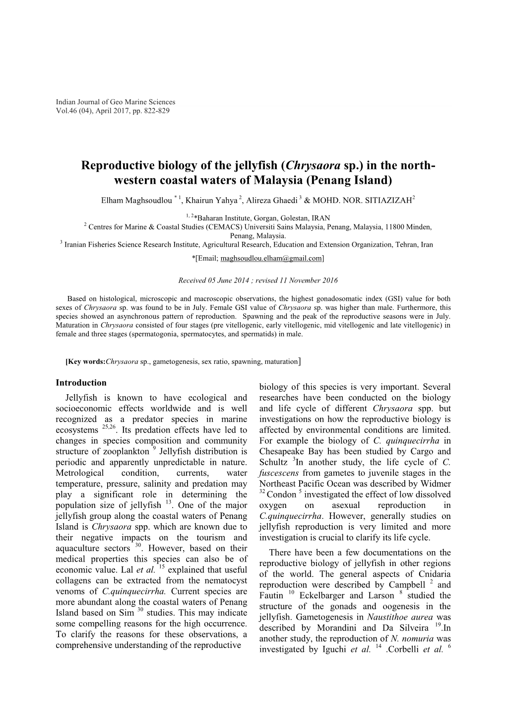 Reproductive Biology of the Jellyfish (Chrysaora Sp.) in the North- Western Coastal Waters of Malaysia (Penang Island)