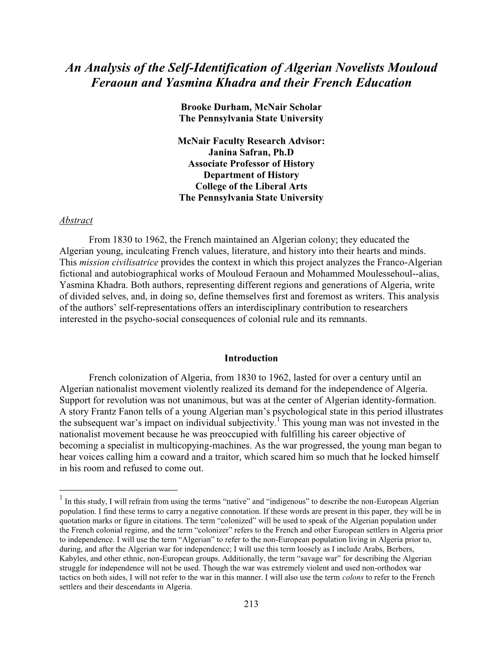 An Analysis of the Self-Identification of Algerian Novelists Mouloud Feraoun and Yasmina Khadra and Their French Education