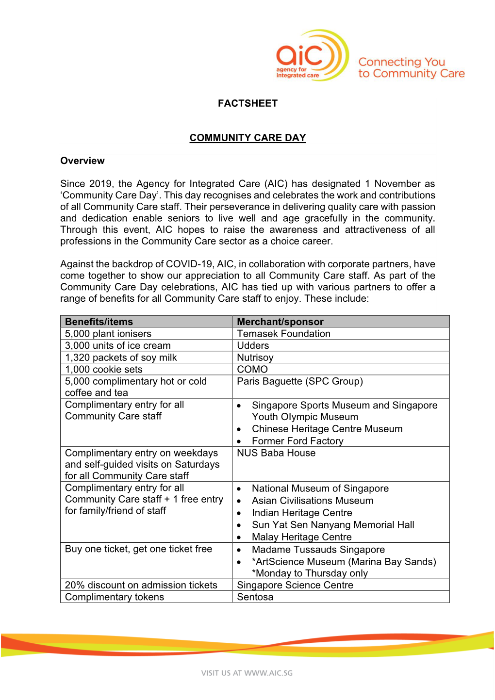 FACTSHEET COMMUNITY CARE DAY Overview Since 2019, the Agency for Integrated Care (AIC) Has Designated 1 November As 'Community