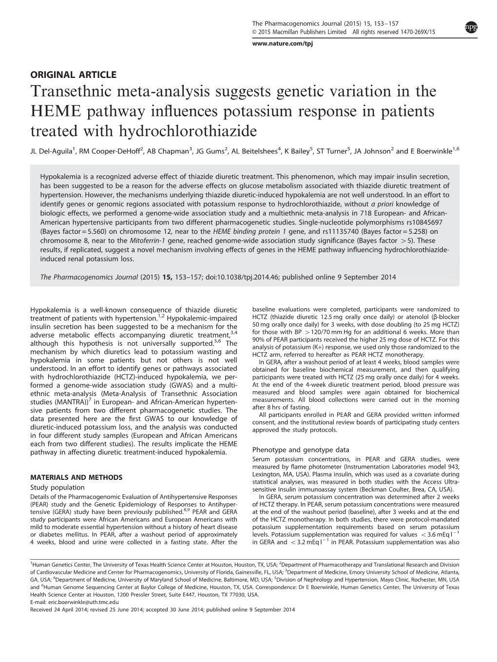 Transethnic Meta-Analysis Suggests Genetic Variation in the HEME Pathway Inﬂuences Potassium Response in Patients Treated with Hydrochlorothiazide