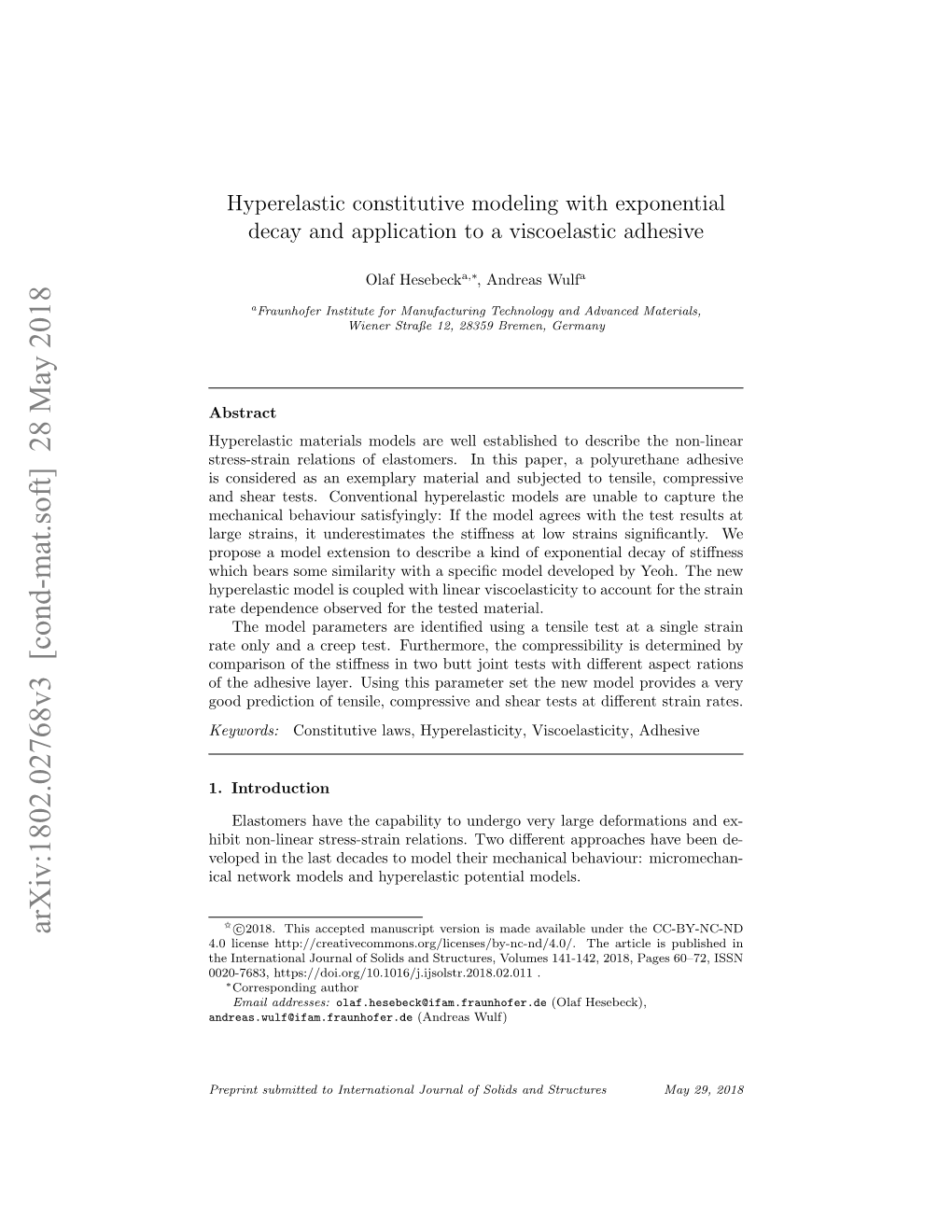 Hyperelastic Constitutive Modeling with Exponential Decay and Application to a Viscoelastic Adhesive
