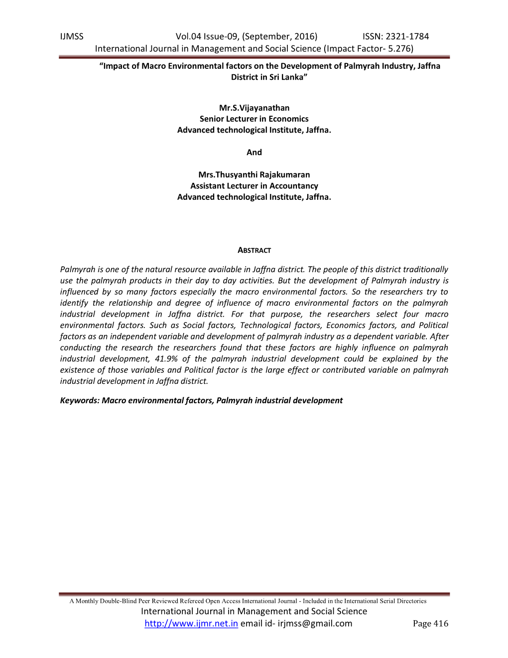 Impact of Macro Environmental Factors on the Development of Palmyrah Industry, Jaffna District in Sri Lanka”