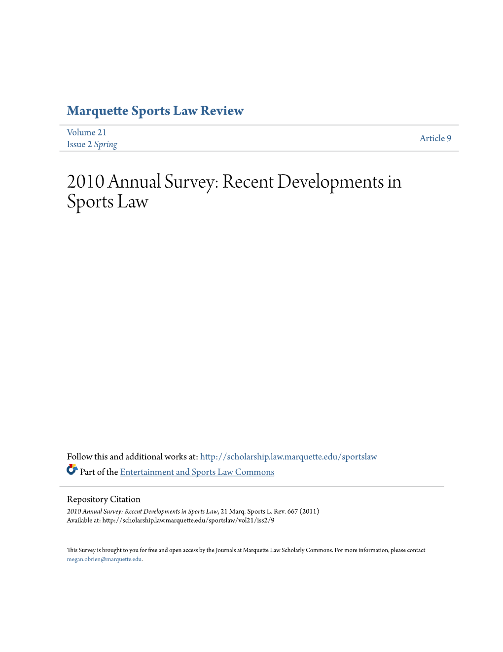2010 Annual Survey: Recent Developments in Sports Law