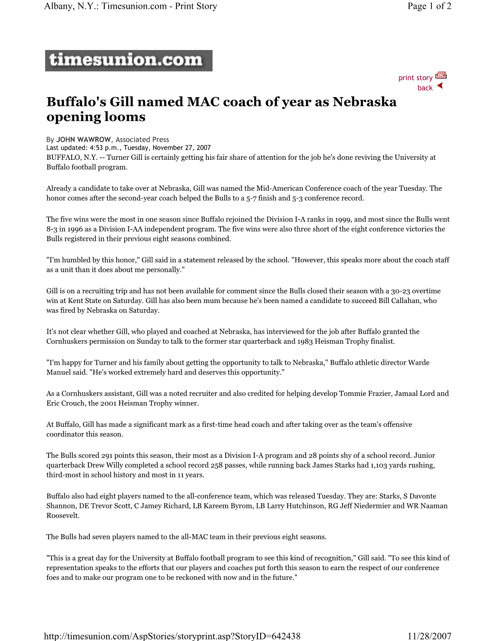 Buffalo's Gill Named MAC Coach of Year As Nebraska Opening Looms
