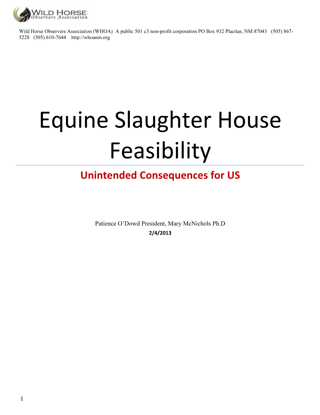 Equine Slaughter House Feasibility Unintended Consequences for US