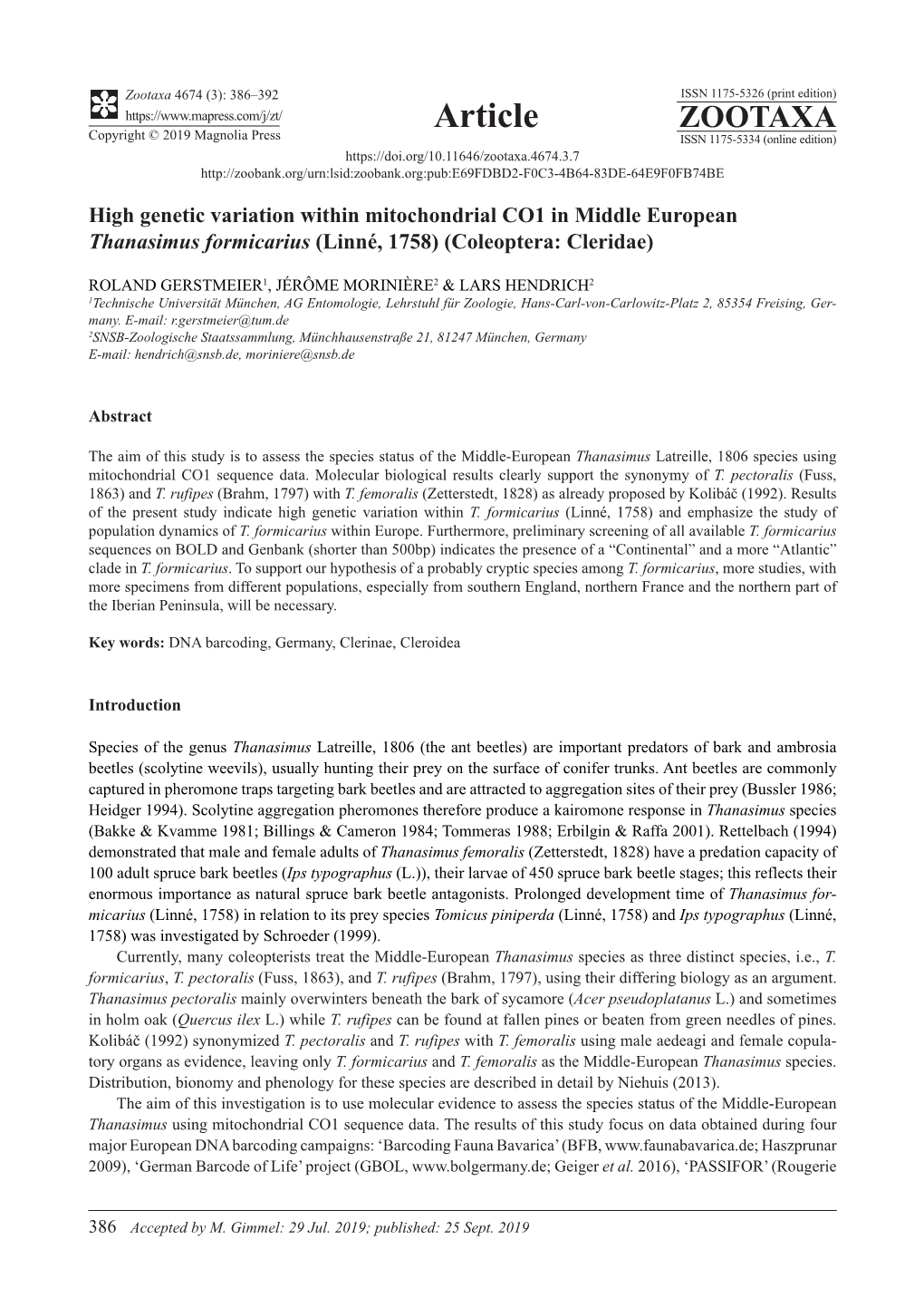 High Genetic Variation Within Mitochondrial CO1 in Middle European Thanasimus Formicarius (Linné, 1758) (Coleoptera: Cleridae)