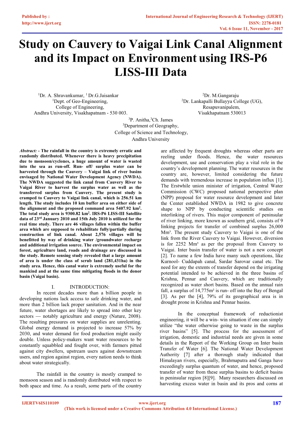 Study on Cauvery to Vaigai Link Canal Alignment and Its Impact on Environment Using IRS-P6 LISS-III Data