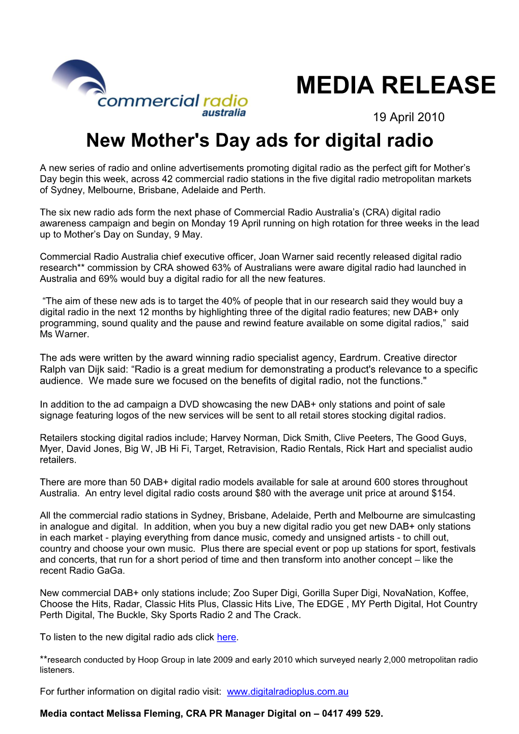 Commercial Radio Stations in the Five Digital Radio Metropolitan Markets of Sydney, Melbourne, Brisbane, Adelaide and Perth
