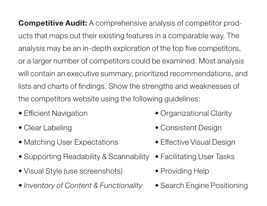 Competitive Audit: a Comprehensive Analysis of Competitor Prod- Ucts That Maps out Their Existing Features in a Comparable Way