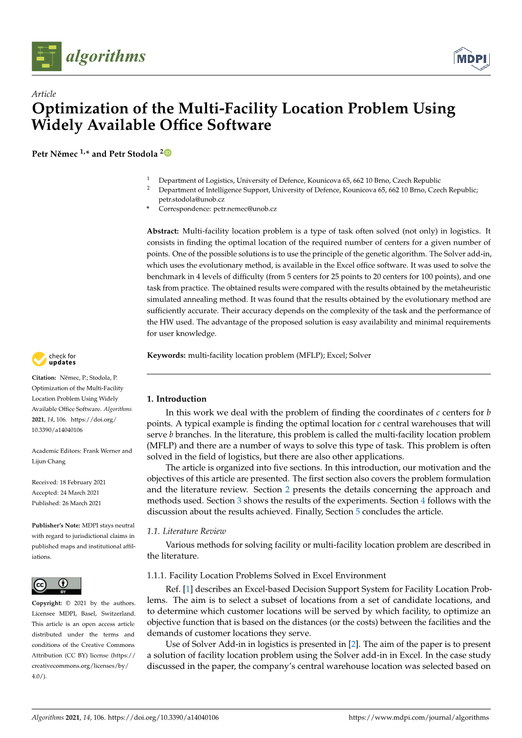 Optimization of the Multi-Facility Location Problem Using Widely Available Ofﬁce Software