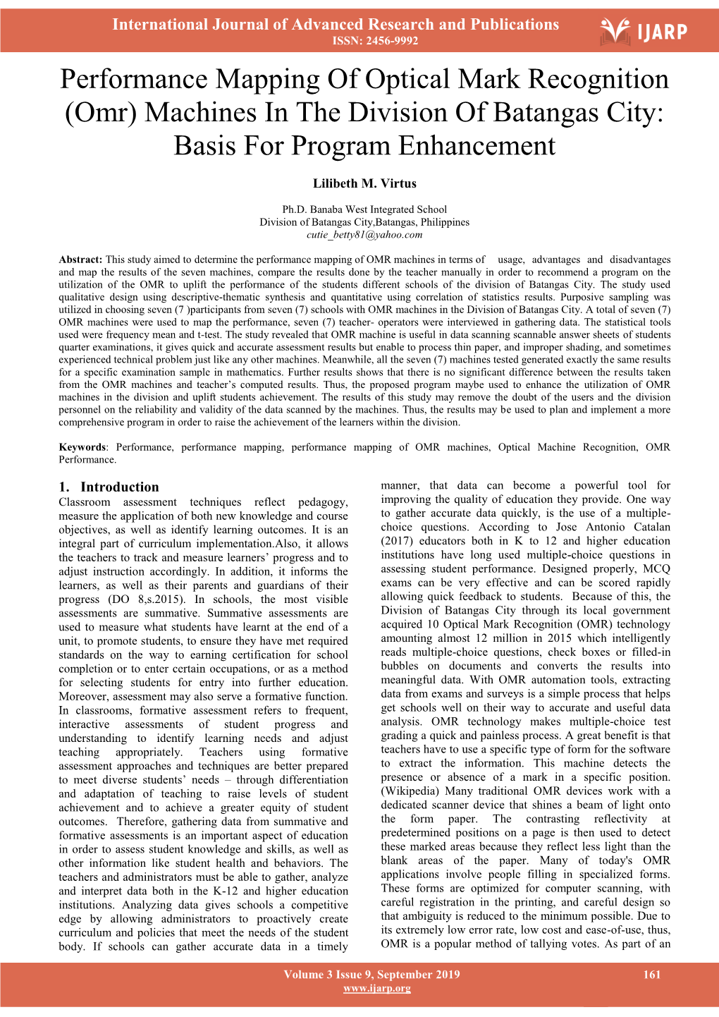 Performance Mapping of Optical Mark Recognition (Omr) Machines in the Division of Batangas City: Basis for Program Enhancement