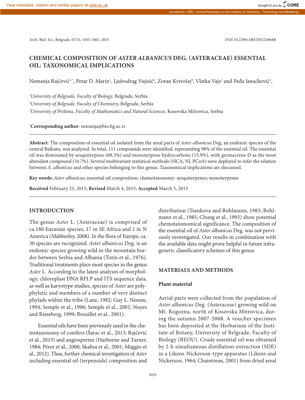 Asteraceae) Essential Oil: Taxonomical Implications