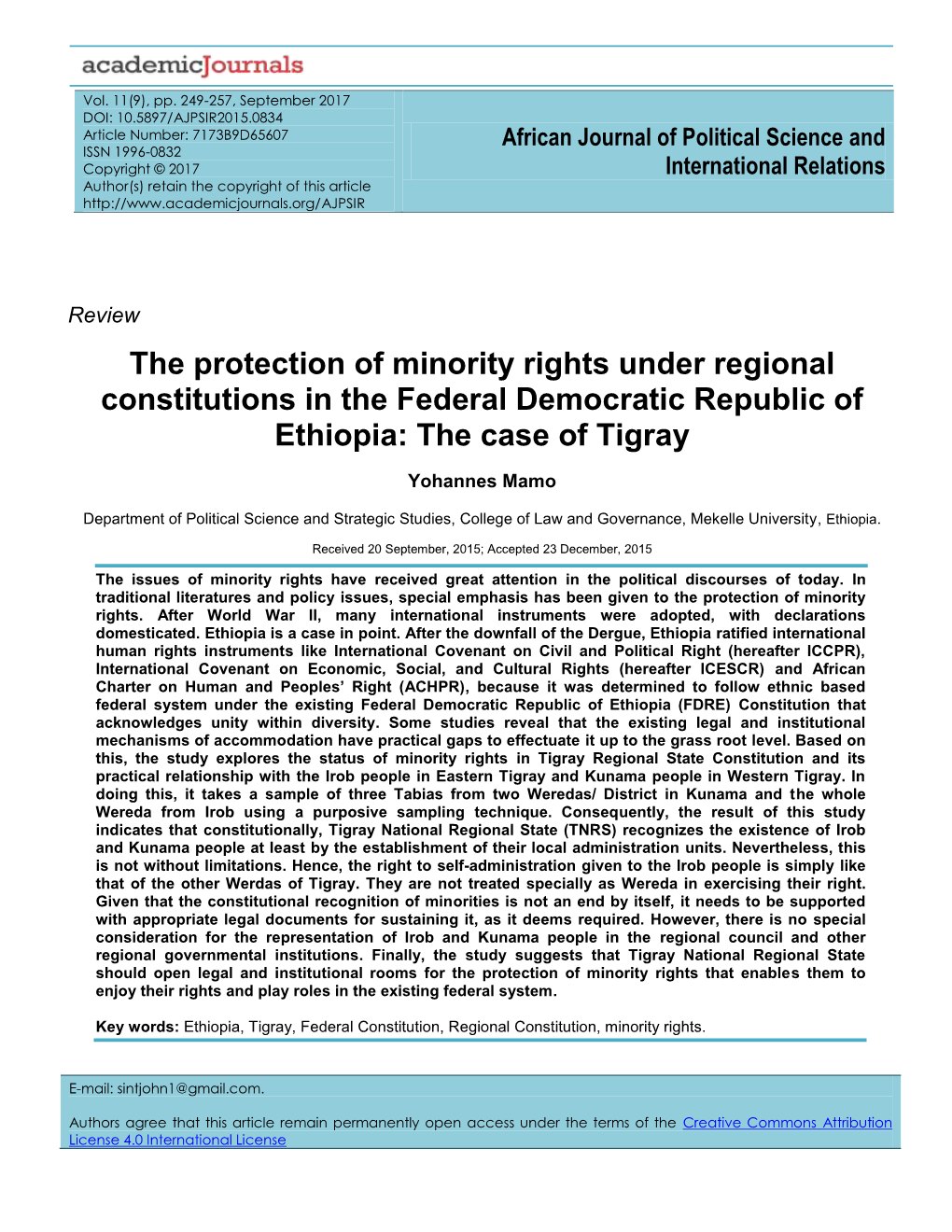 The Protection of Minority Rights Under Regional Constitutions in the Federal Democratic Republic of Ethiopia: the Case of Tigray