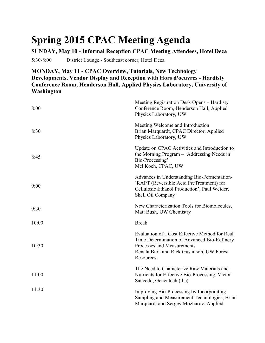 Spring 2015 CPAC Meeting Agenda
