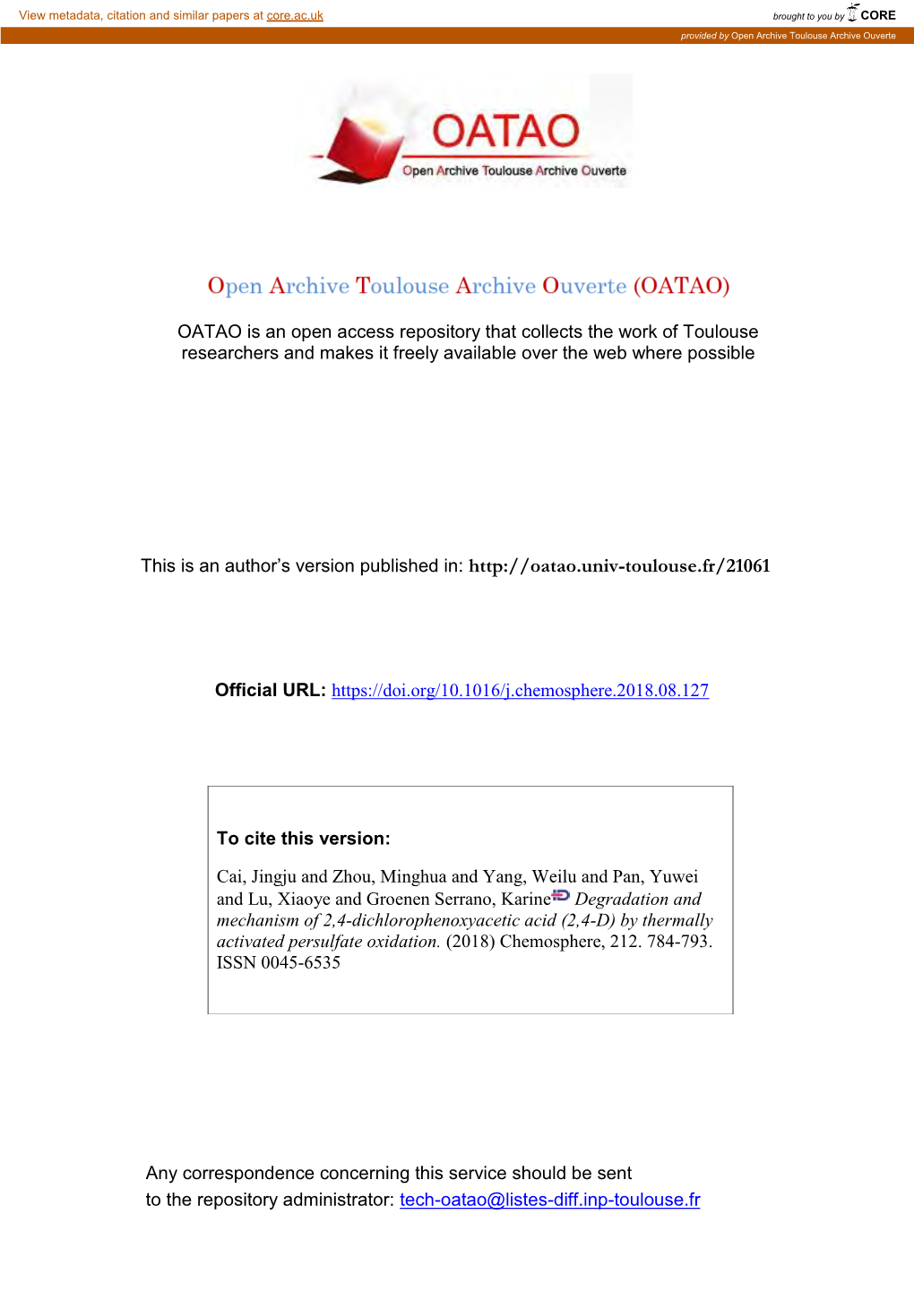 Degradation and Mechanism of 2,4-Dichlorophenoxyacetic Acid (2,4-D) by Thermally Activated Persulfate Oxidation