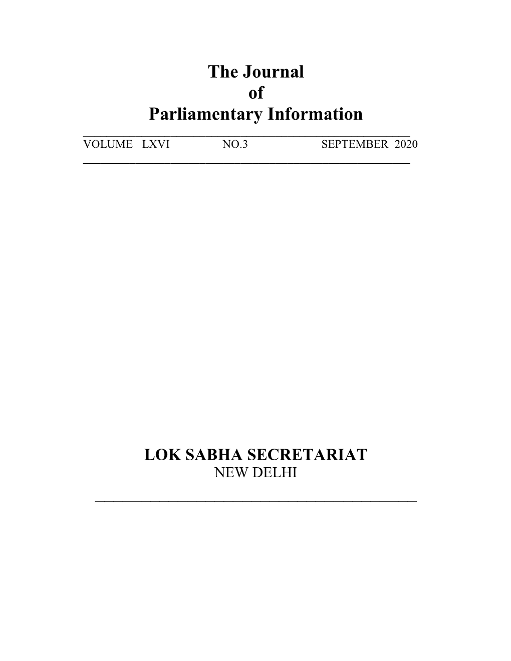 The Journal of Parliamentary Information ______VOLUME LXVI NO.3 SEPTEMBER 2020 ______