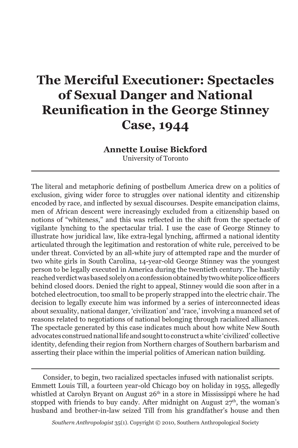 The Merciful Executioner: Spectacles of Sexual Danger and National Reunification in the George Stinney Case, 1944