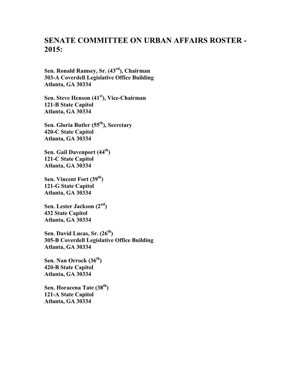 Senate Committee on Urban Affairs Roster - 2015