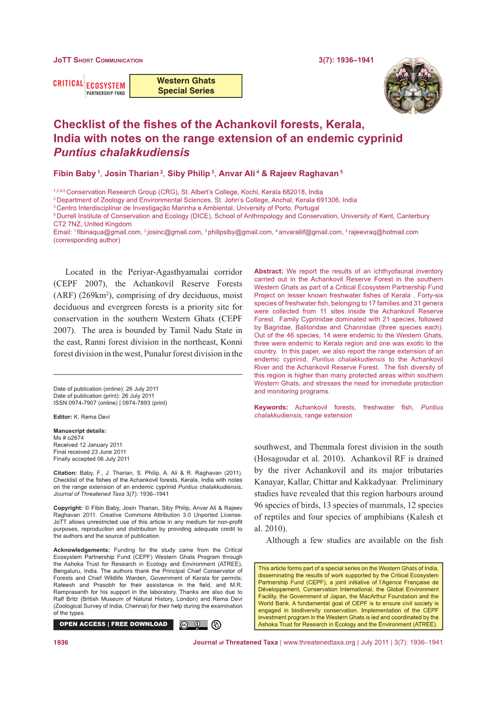 Checklist of the Fishes of the Achankovil Forests, Kerala, India with Notes on the Range Extension of an Endemic Cyprinid Puntius Chalakkudiensis