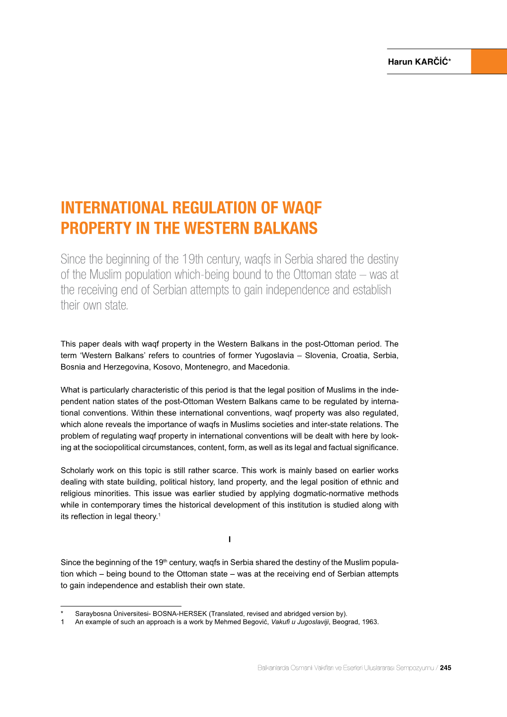 International Regulation of Waqf Property in the Western Balkans