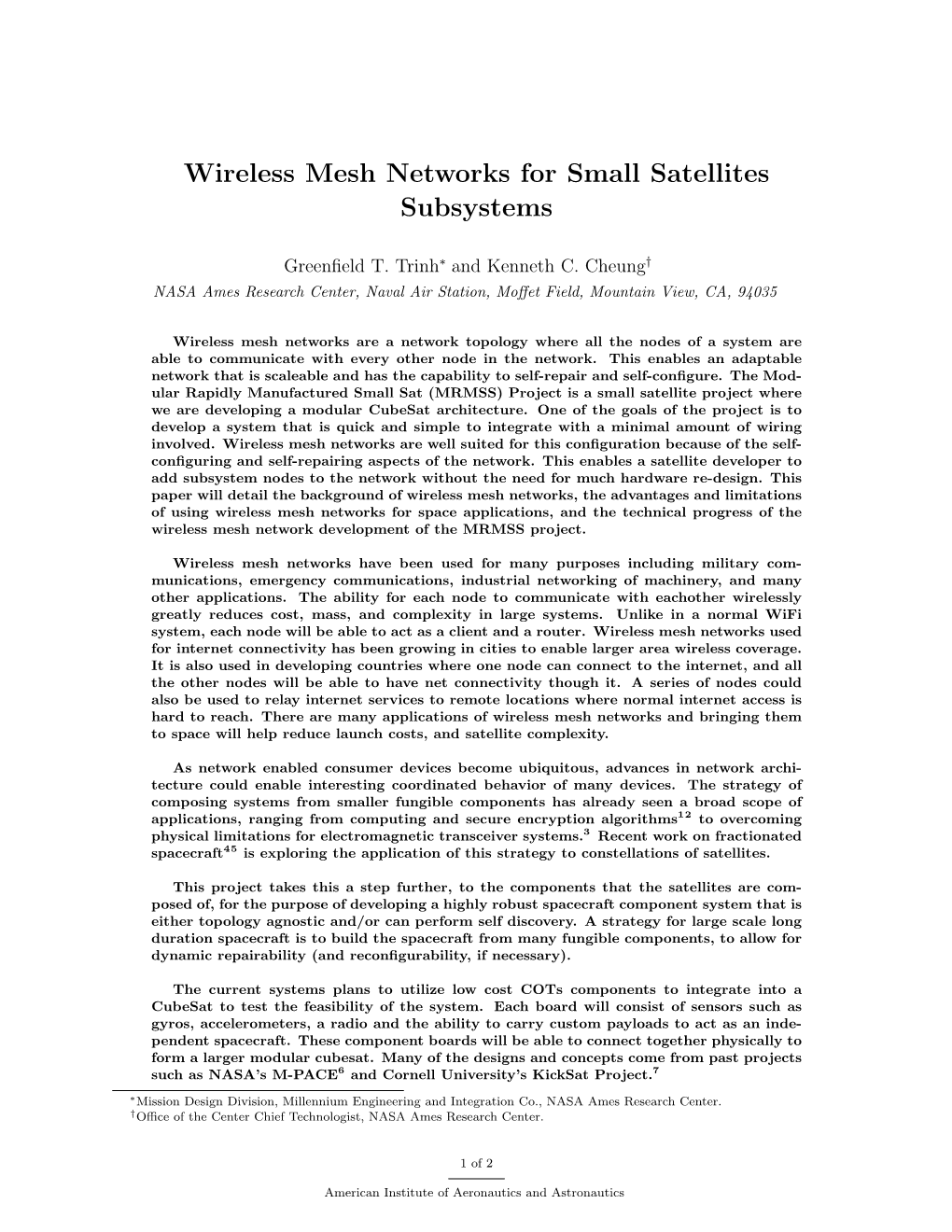 Wireless Mesh Networks for Small Satellites Subsystems