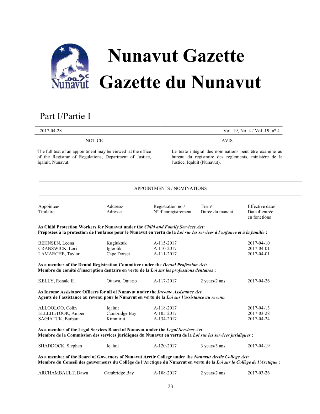 Nunavut Gazette Gazette Du Nunavut