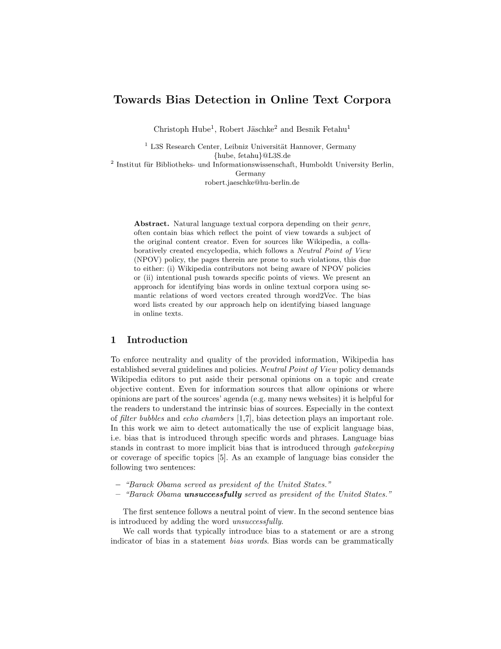 Towards Bias Detection in Online Text Corpora