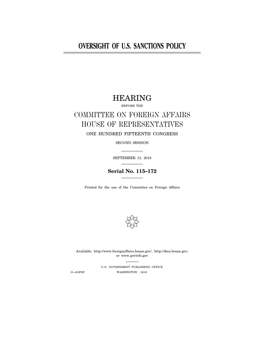 Oversight of U.S. Sanctions Policy Hearing