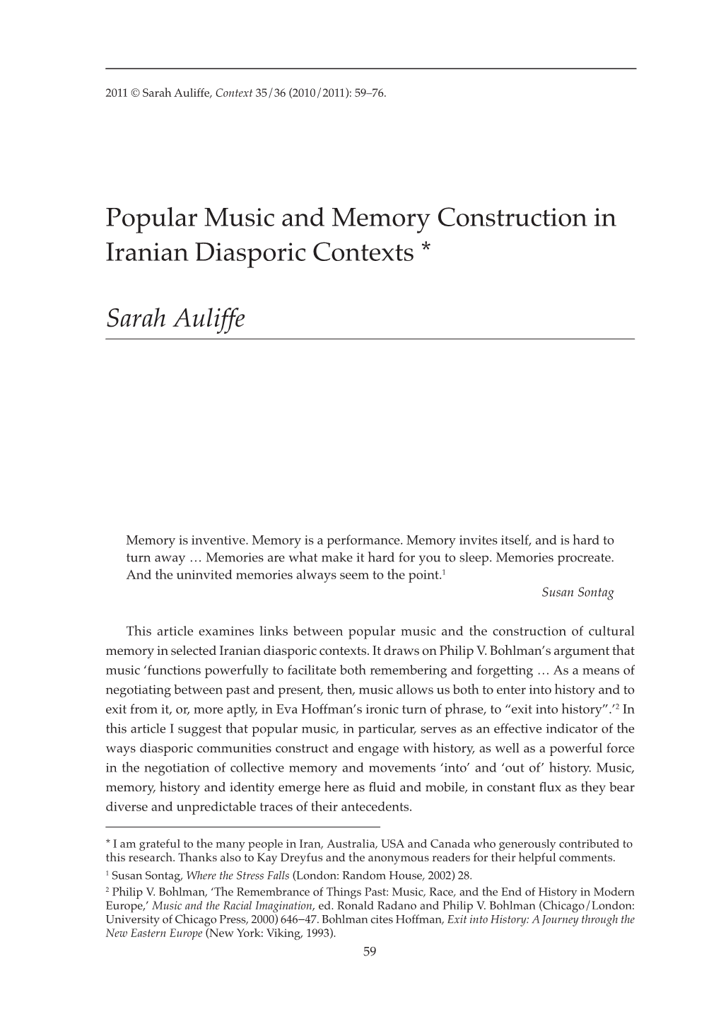 Popular Music and Memory Construction in Iranian Diasporic Contexts *