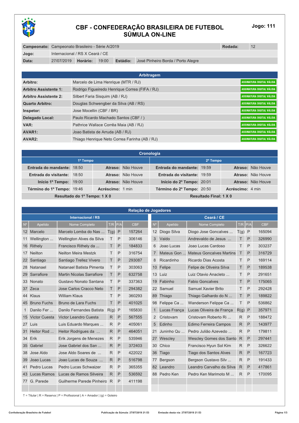 CBF - CONFEDERAÇÃO BRASILEIRA DE FUTEBOL Jogo: 111 SÚMULA ON-LINE