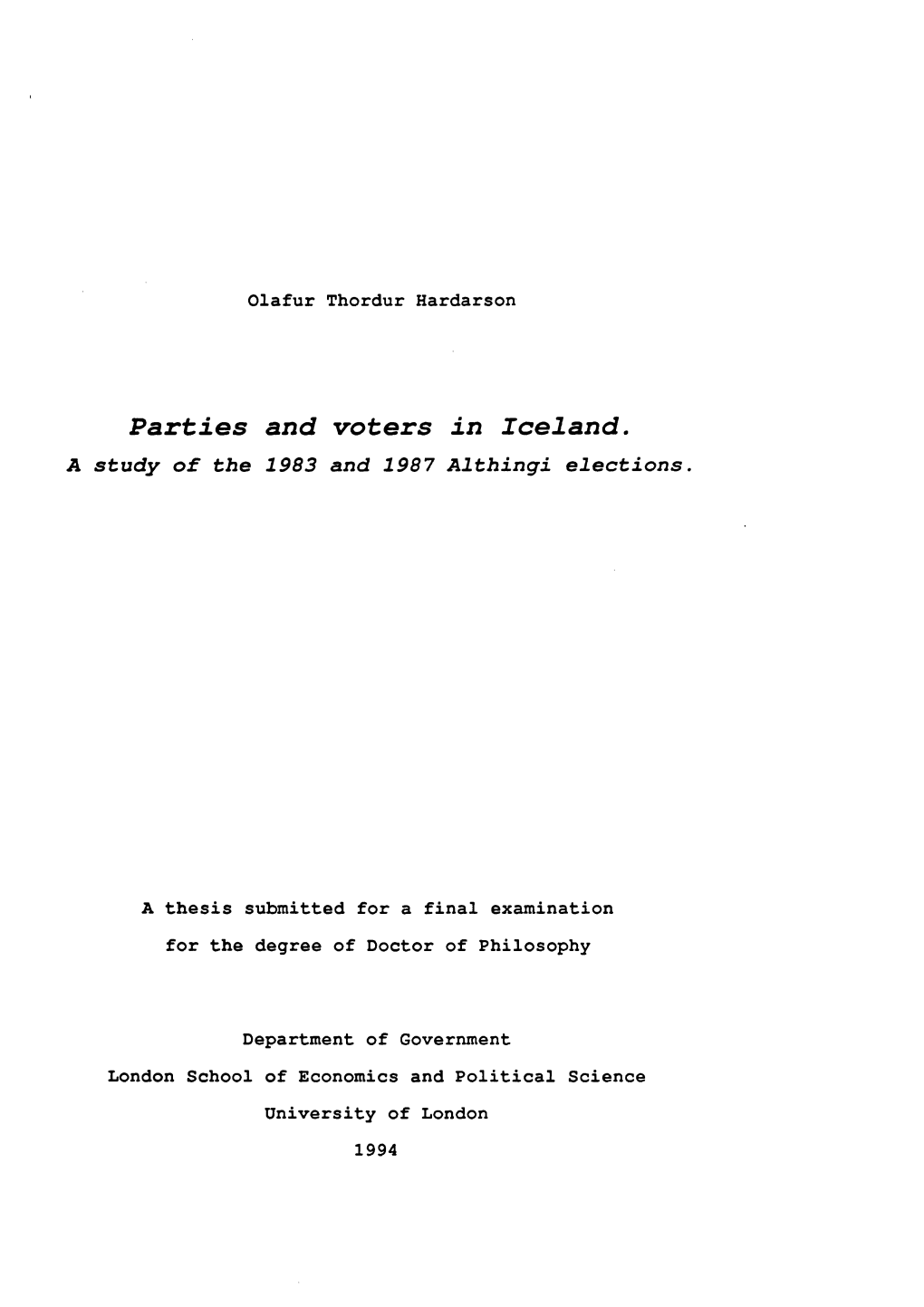 Parties and Voters in Iceland. a Study of the 1983 and 1987 Althingi Elections