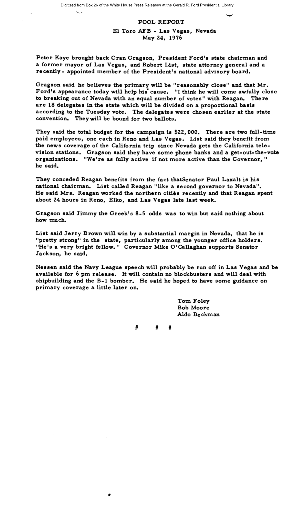 Gerald R. Ford Administration White House Press Releases