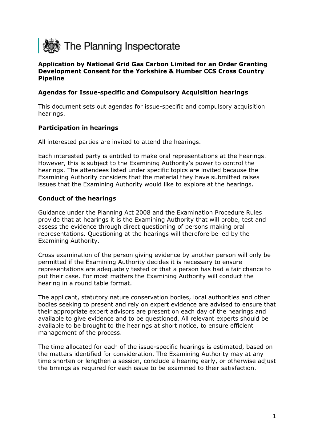 Application by National Grid Gas Carbon Limited for an Order Granting Development Consent for the Yorkshire & Humber CCS Cross Country Pipeline