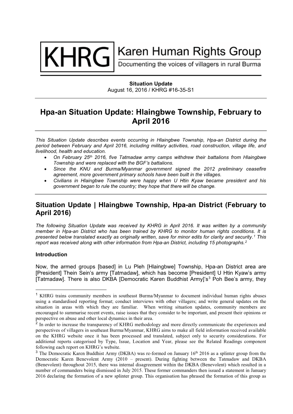 Hpa-An Situation Update: Hlaingbwe Township, February to April 2016