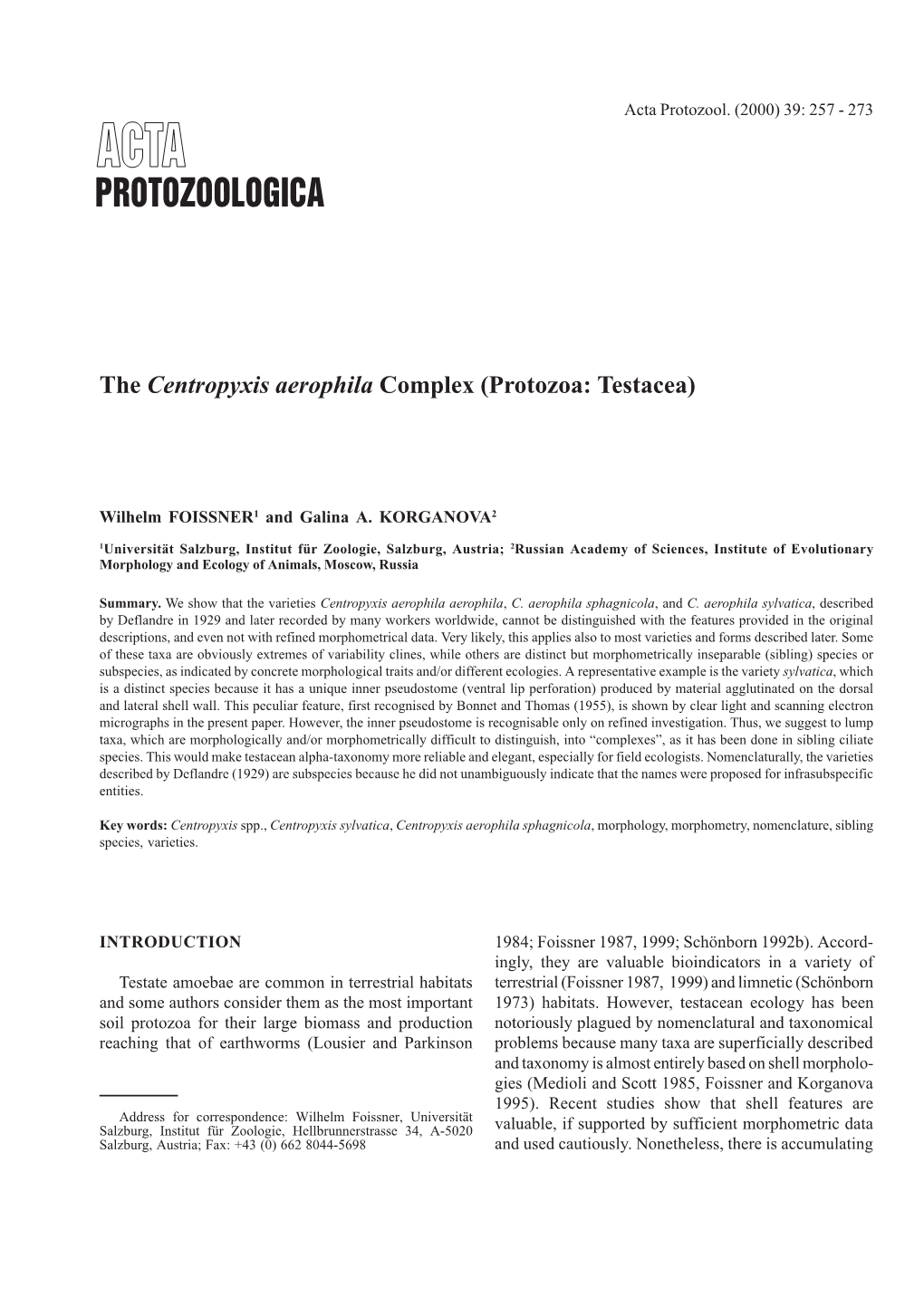 The Centropyxis Aerophila Complex (Protozoa: Testacea)