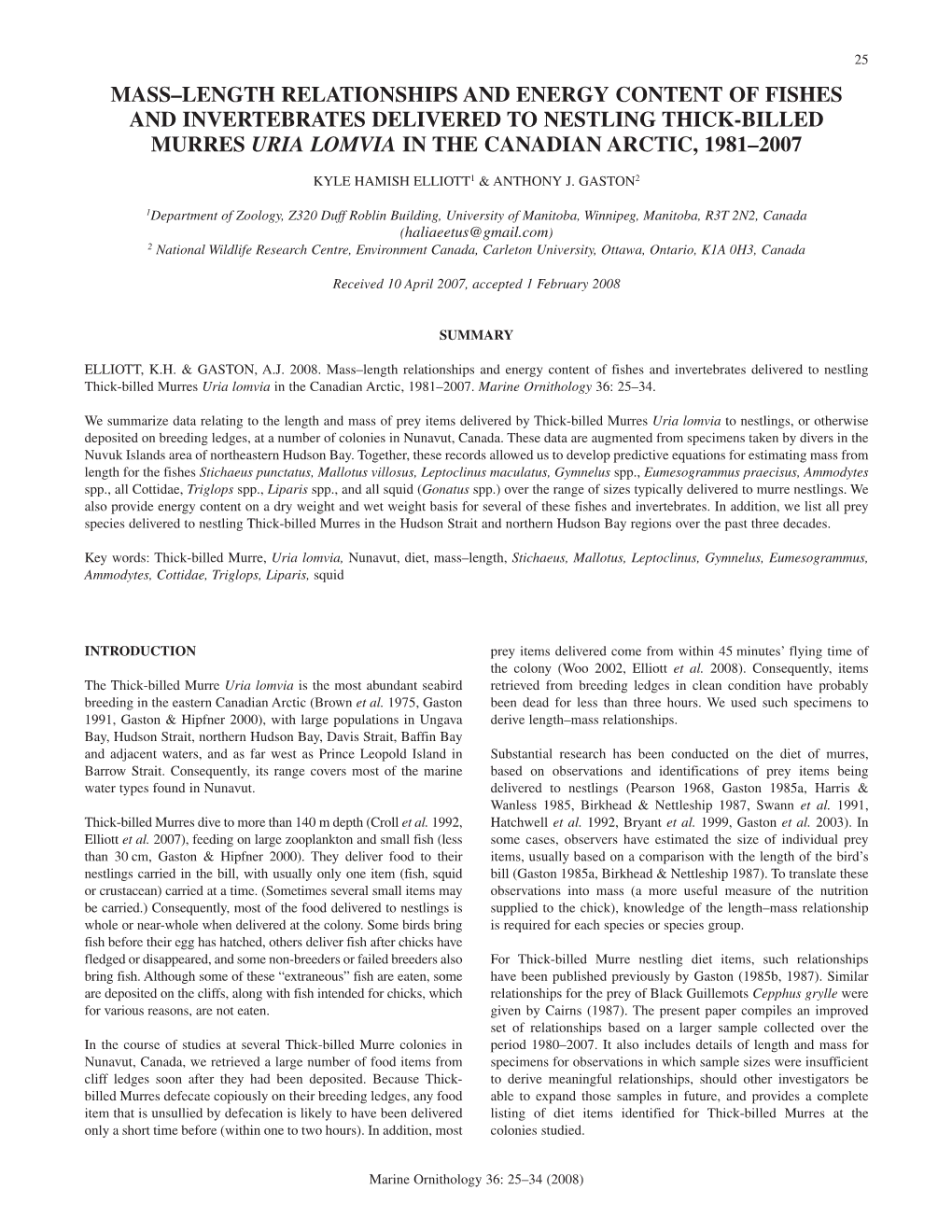 Mass–Length Relationships and Energy Content of Fishes and Invertebrates Delivered to Nestling Thick-Billed Murres Uria Lomvia in the Canadian Arctic, 1981–2007