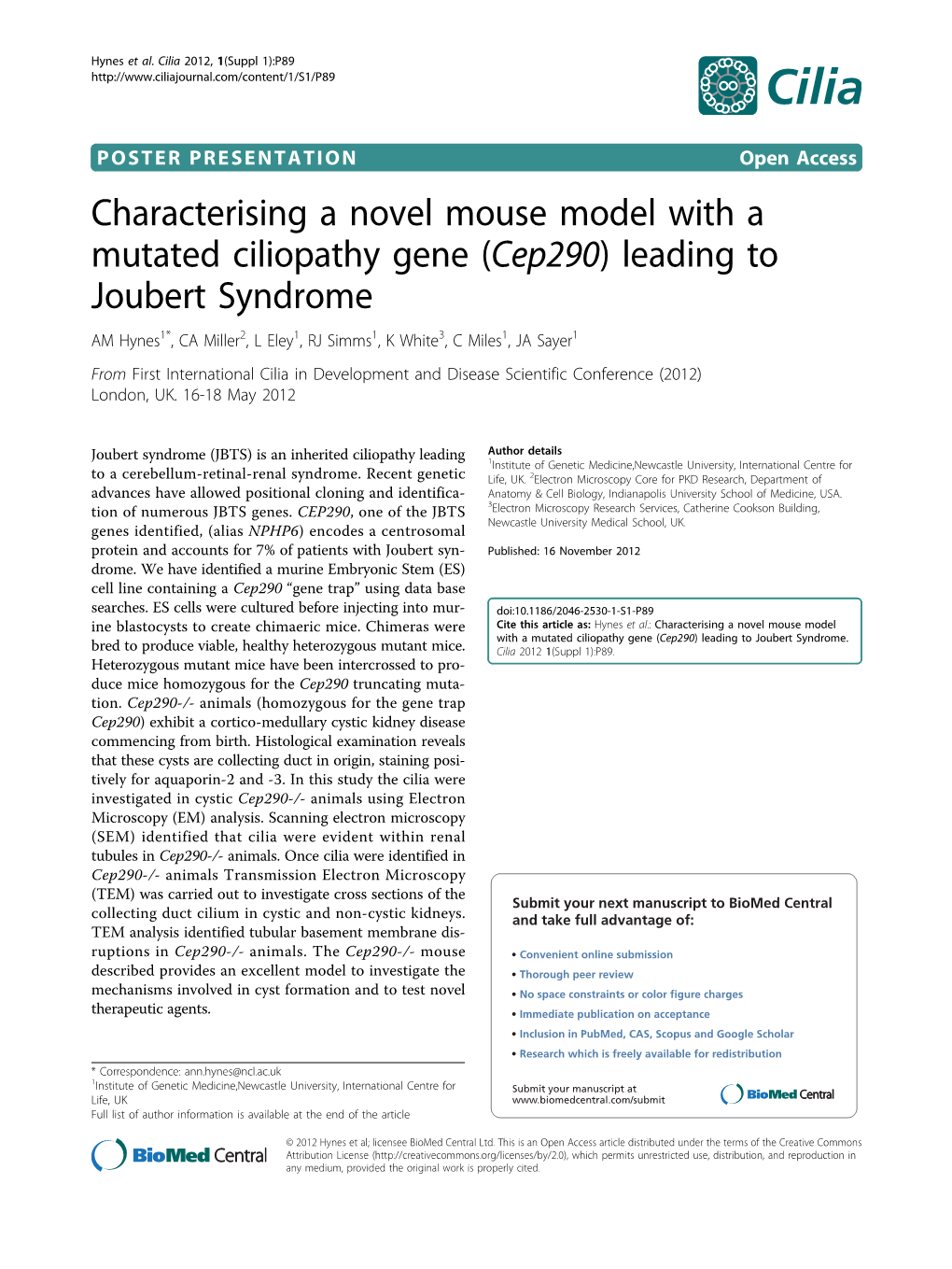 Characterising a Novel Mouse Model with a Mutated Ciliopathy Gene (Cep290) Leading to Joubert Syndrome